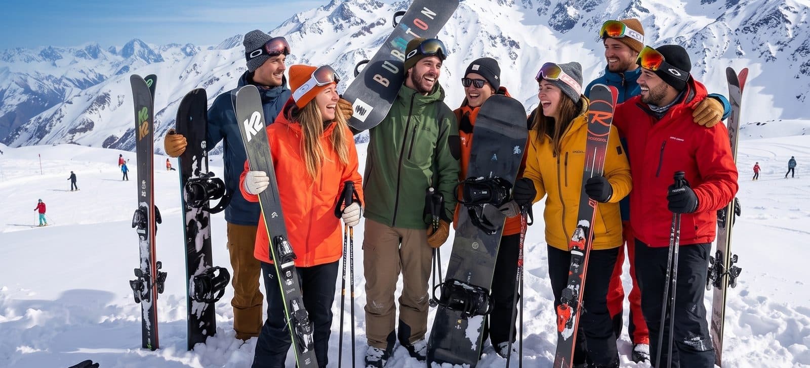Un grupo de amigos en la nieve con sus esquís y tablas de snowboard