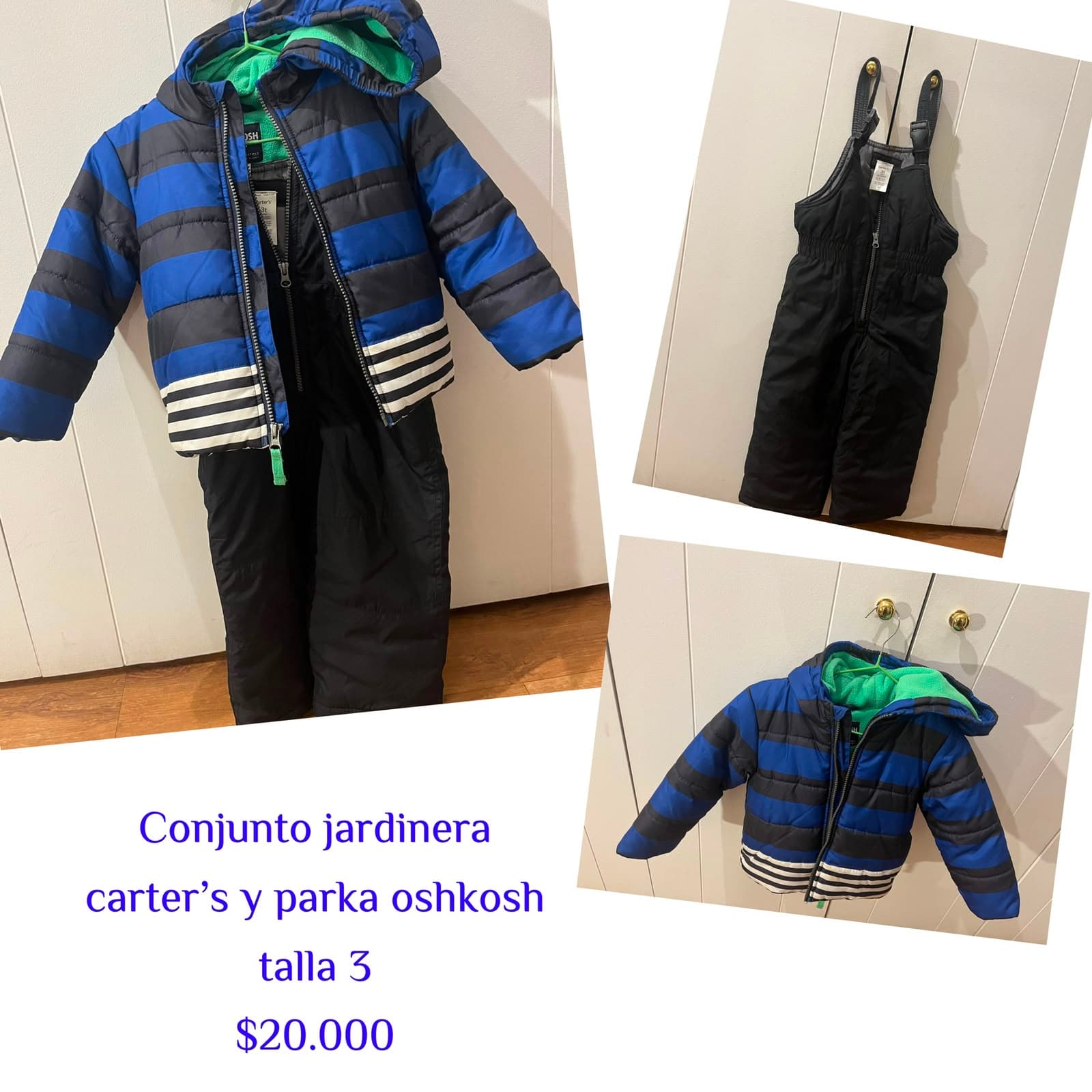 Conjunto jardinera Carters y parka Oshkosh talla 3